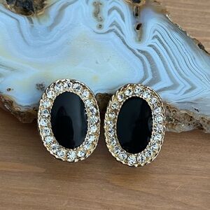 Vintage style black and gold clip-on earrings gold-tone with faux rhinestones